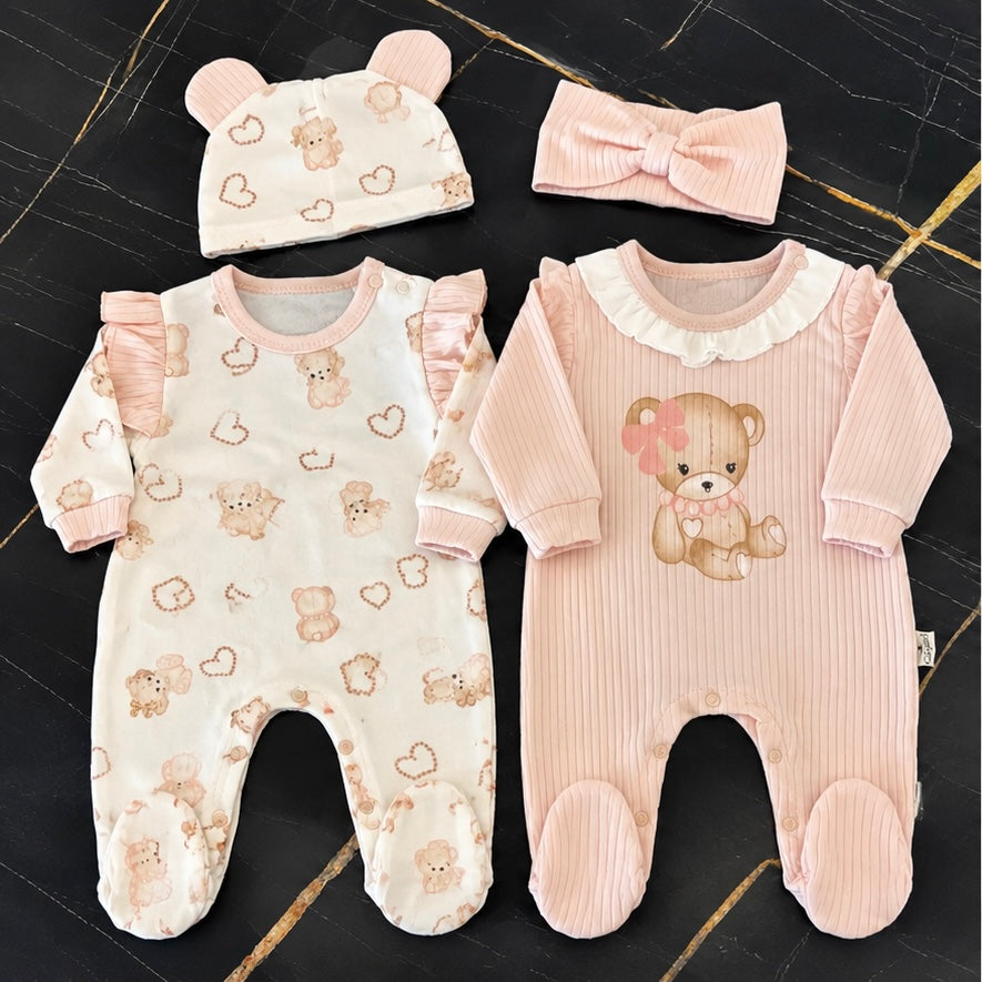 Pink Teddy bear Pair Overalls